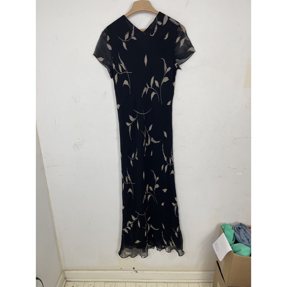 INC International Concepts Women Black Floral Silk Maxi Dress 8 Vintage Bias Cut